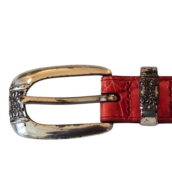 Crocodile Embossed Full Grain Red Leather Belt with Silvertone Buckle Medium - Picture 3 of 11